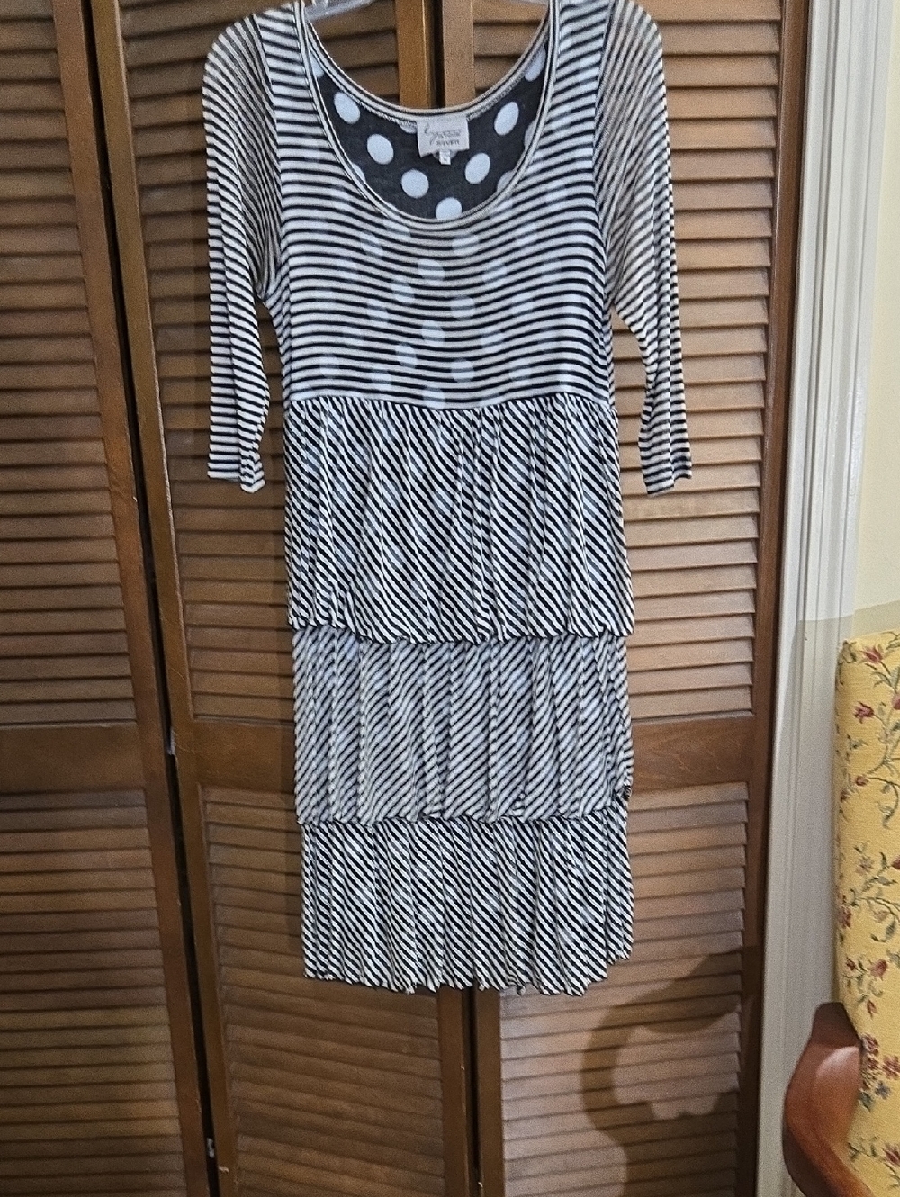 Lynn Ritchie Silver  Striped Tiered Midi Dress with Polka Dots
